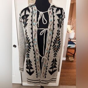 Boho western Tie-Front Aztec Knit Cardigan Sweater - Beige/Black wear open too